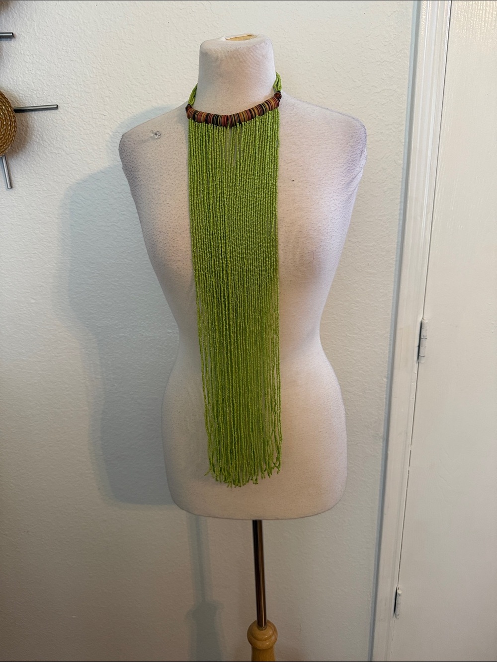 Long Lime Green Beaded Fringe Necklace